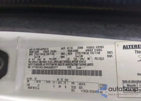 2010 Ford E-350 Super Duty Commercial/Recreational z USA, uszkodzony, nr VIN 1FTSE3EL2ADA95377